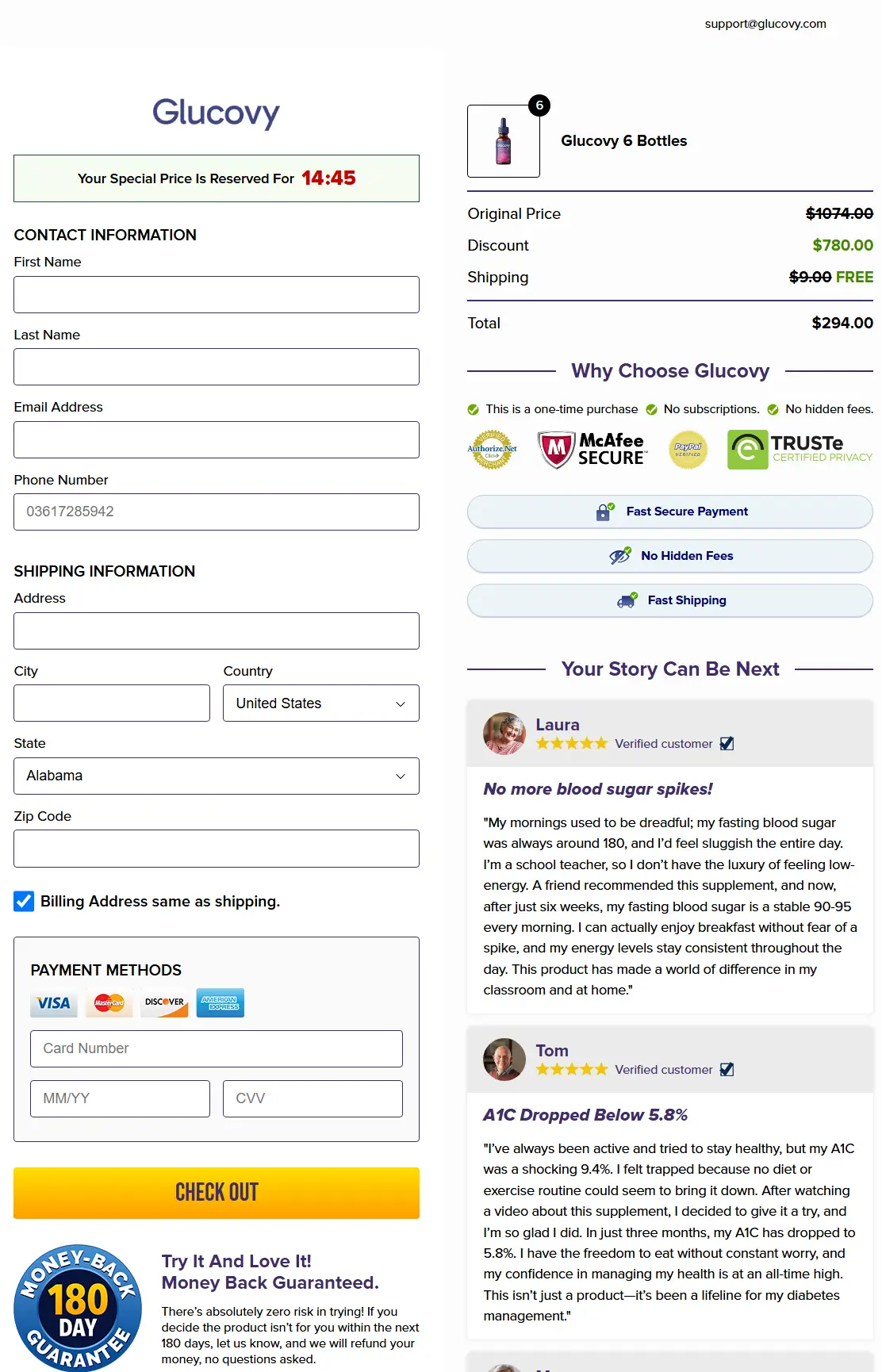 Glucovy order page